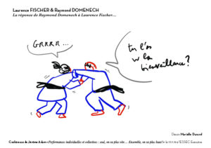 dessin de Marielle Durand montrant Laurence Fischer et Raymond Domenech en plein combat de karaté